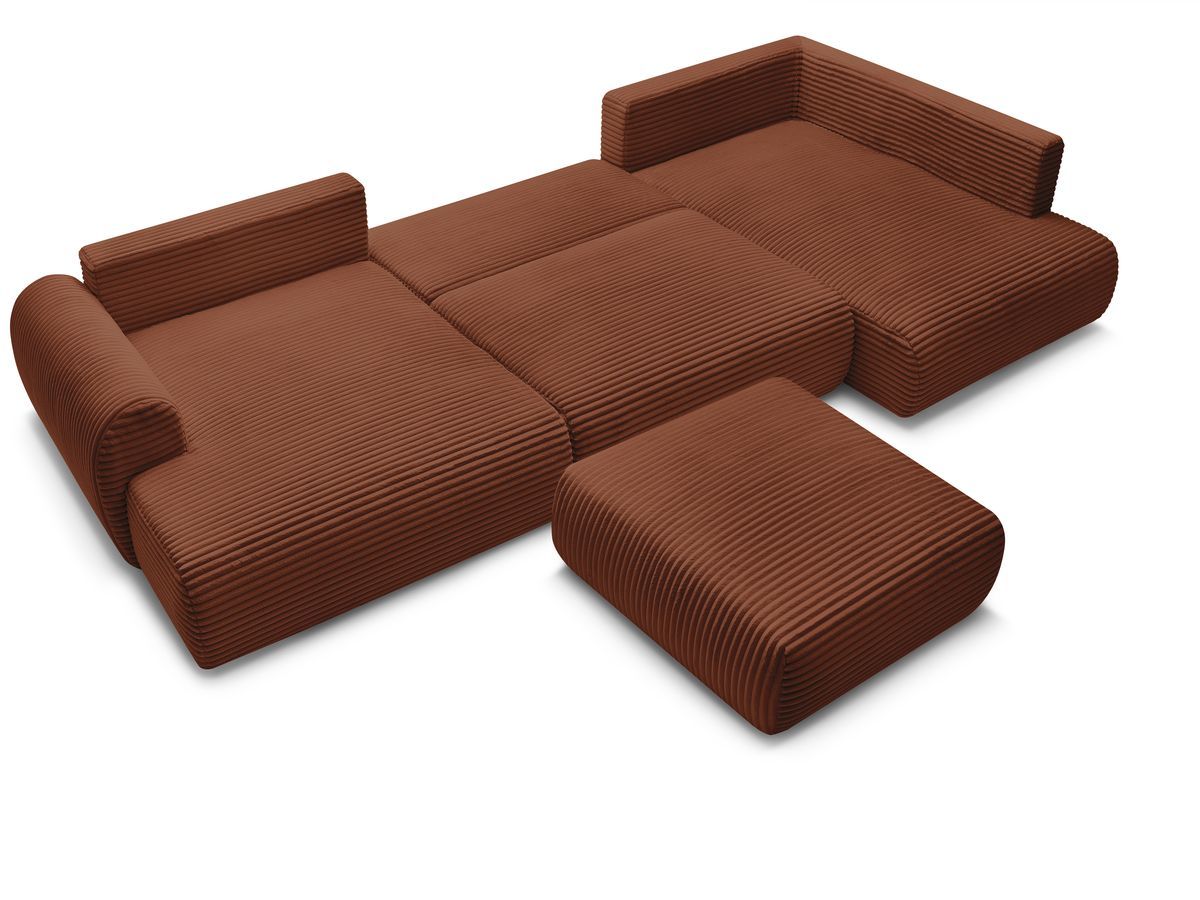 Canapé panoramique convertible coffre LUCIEN gros côtelé doux avec pouf