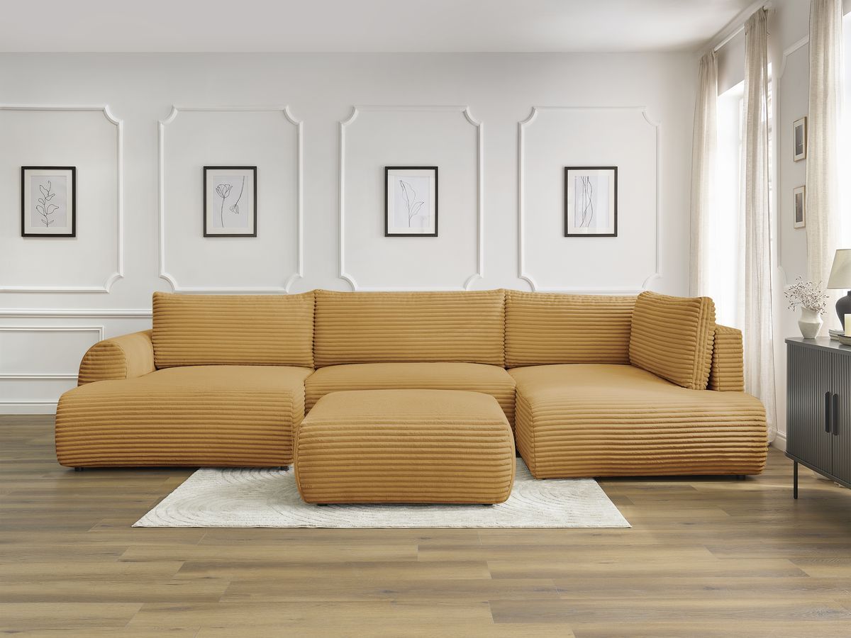 Canapé panoramique convertible coffre LUCIEN gros côtelé doux avec pouf jaune angle gauche BOBOCHIC 6 places - Vue supplémentaire 3