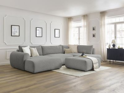 Canapé panoramique convertible coffre LUCIEN gros côtelé doux avec pouf