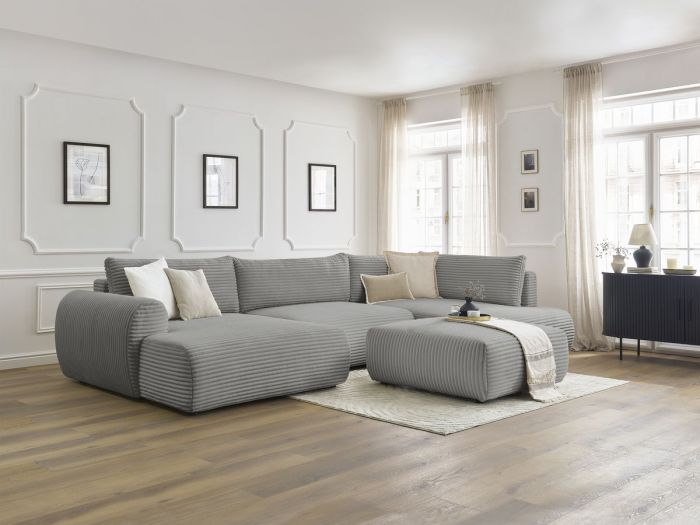 Canapé panoramique convertible coffre LUCIEN gros côtelé doux avec pouf