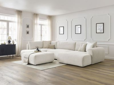 Canapé panoramique convertible coffre LUCIEN gros côtelé doux avec pouf