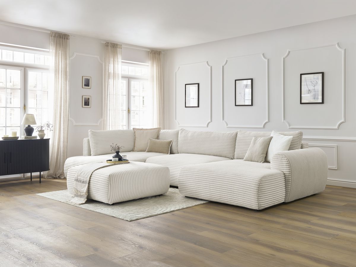 Canapé panoramique convertible coffre LUCIEN gros côtelé doux avec pouf