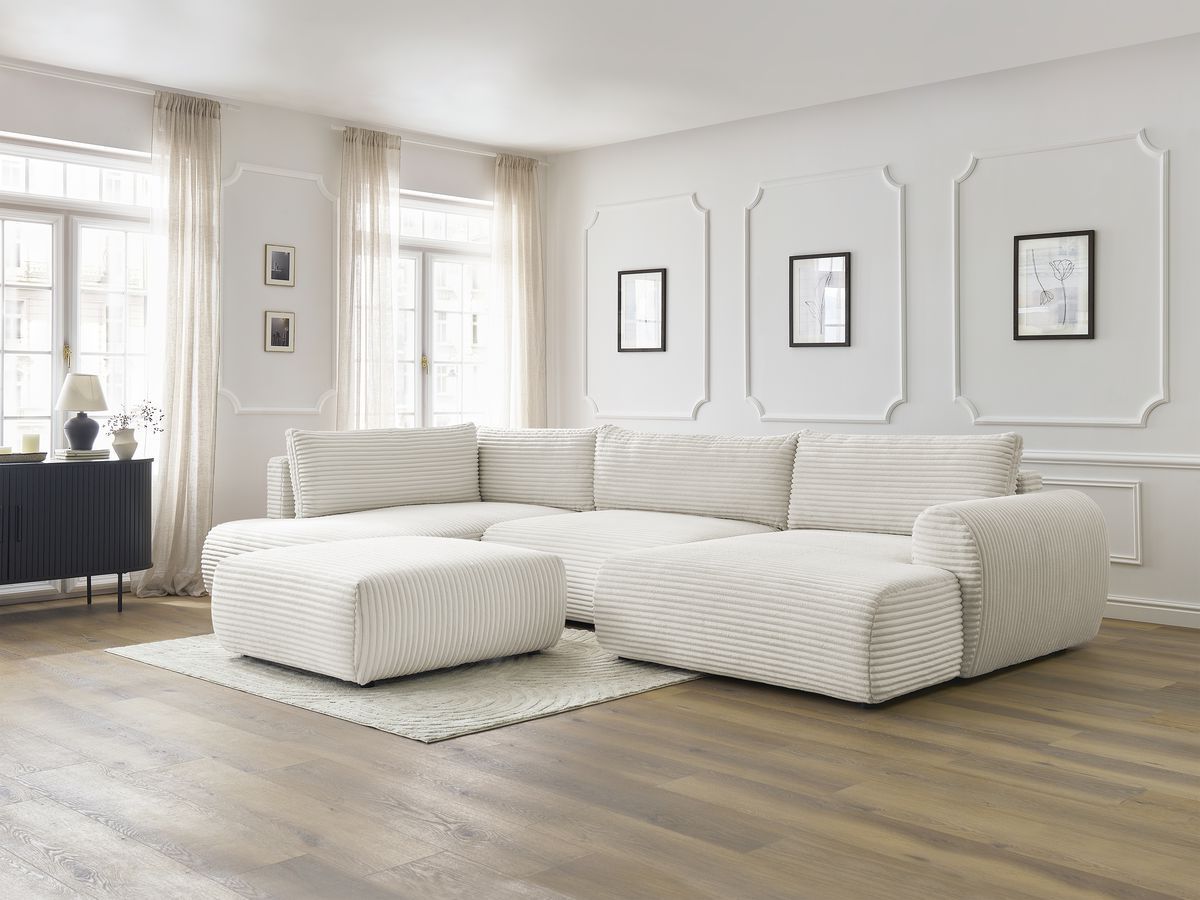 Canapé panoramique convertible coffre LUCIEN gros côtelé doux avec pouf