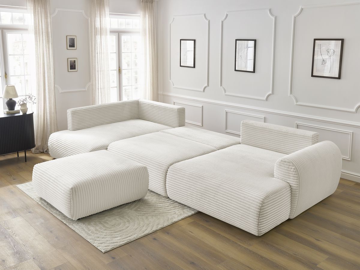 Canapé panoramique convertible coffre LUCIEN gros côtelé doux avec pouf