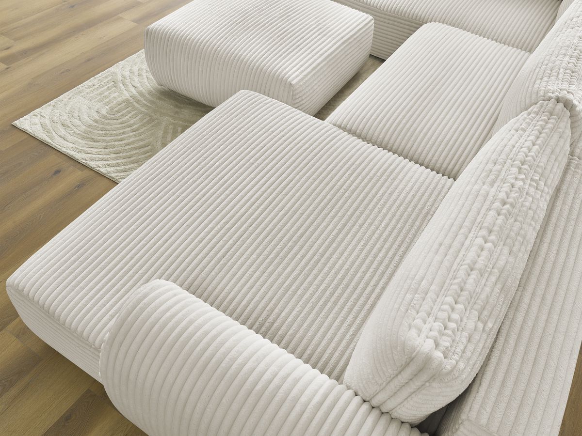 Canapé panoramique convertible coffre LUCIEN gros côtelé doux avec pouf