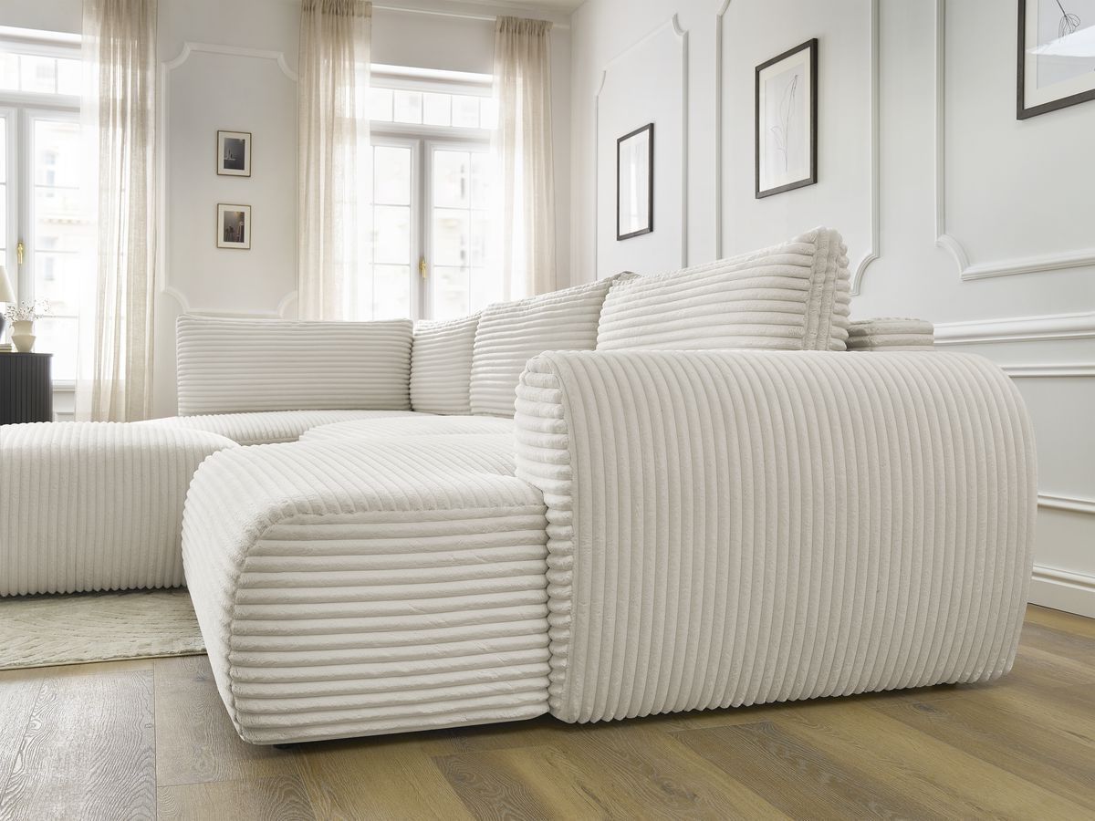 Canapé panoramique convertible coffre LUCIEN gros côtelé doux avec pouf