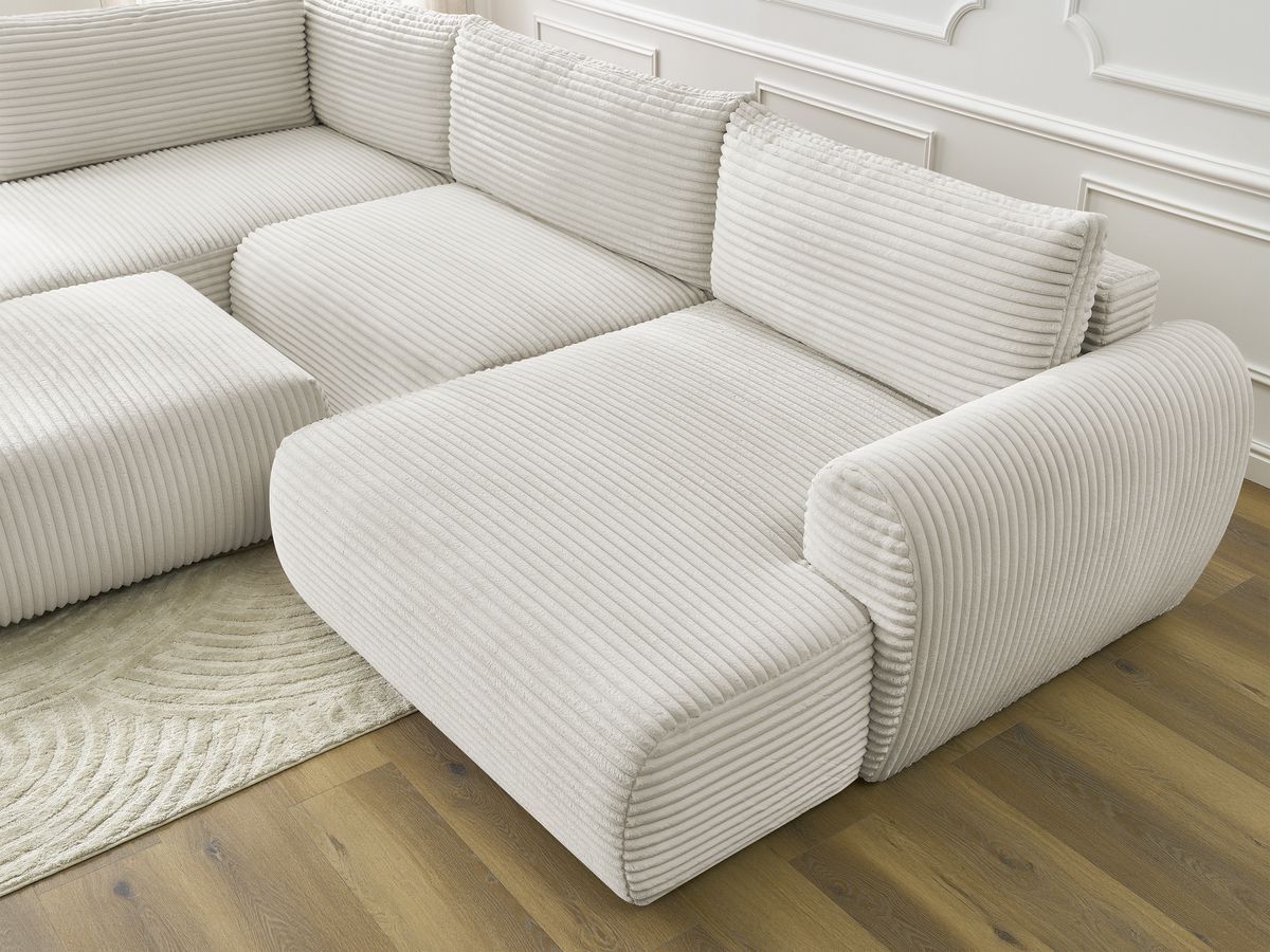 Canapé panoramique convertible coffre LUCIEN gros côtelé doux avec pouf