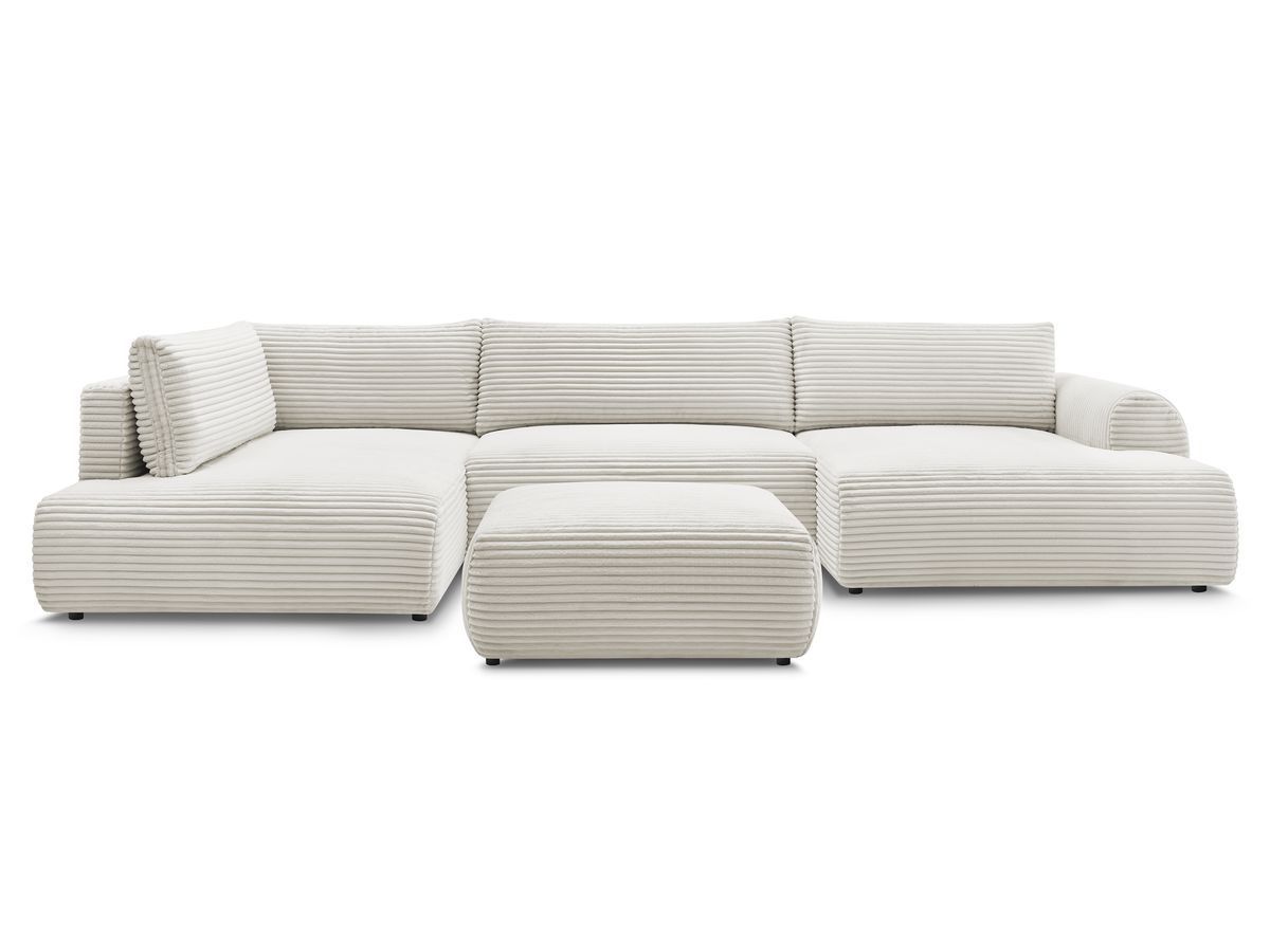 Canapé panoramique convertible coffre LUCIEN gros côtelé doux avec pouf