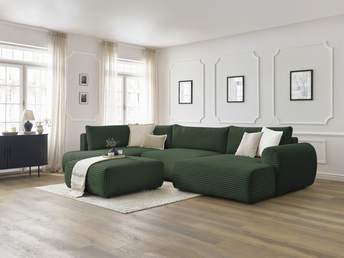 Canapé panoramique convertible coffre LUCIEN gros côtelé doux avec pouf