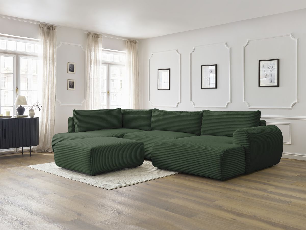 Canapé panoramique convertible coffre LUCIEN gros côtelé doux avec pouf