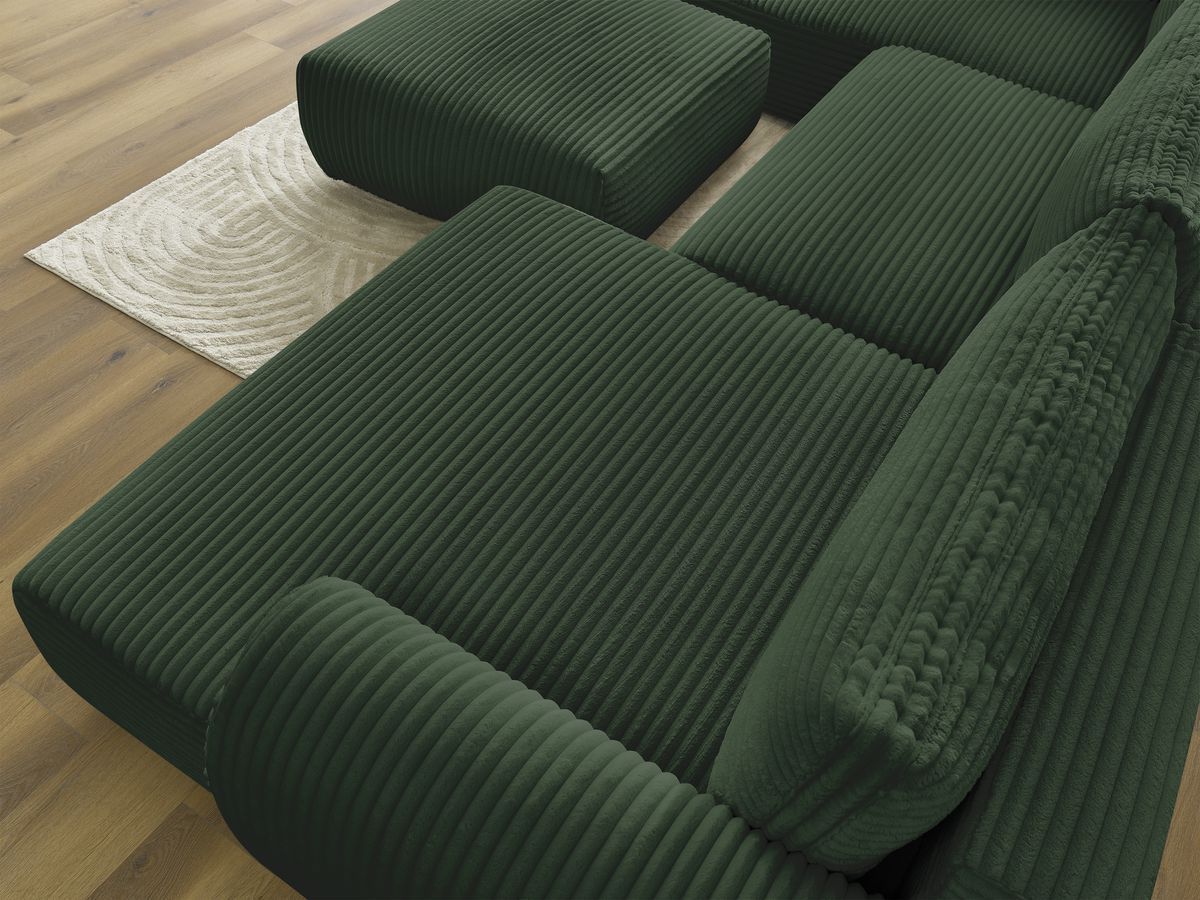 Canapé panoramique convertible coffre LUCIEN gros côtelé doux avec pouf