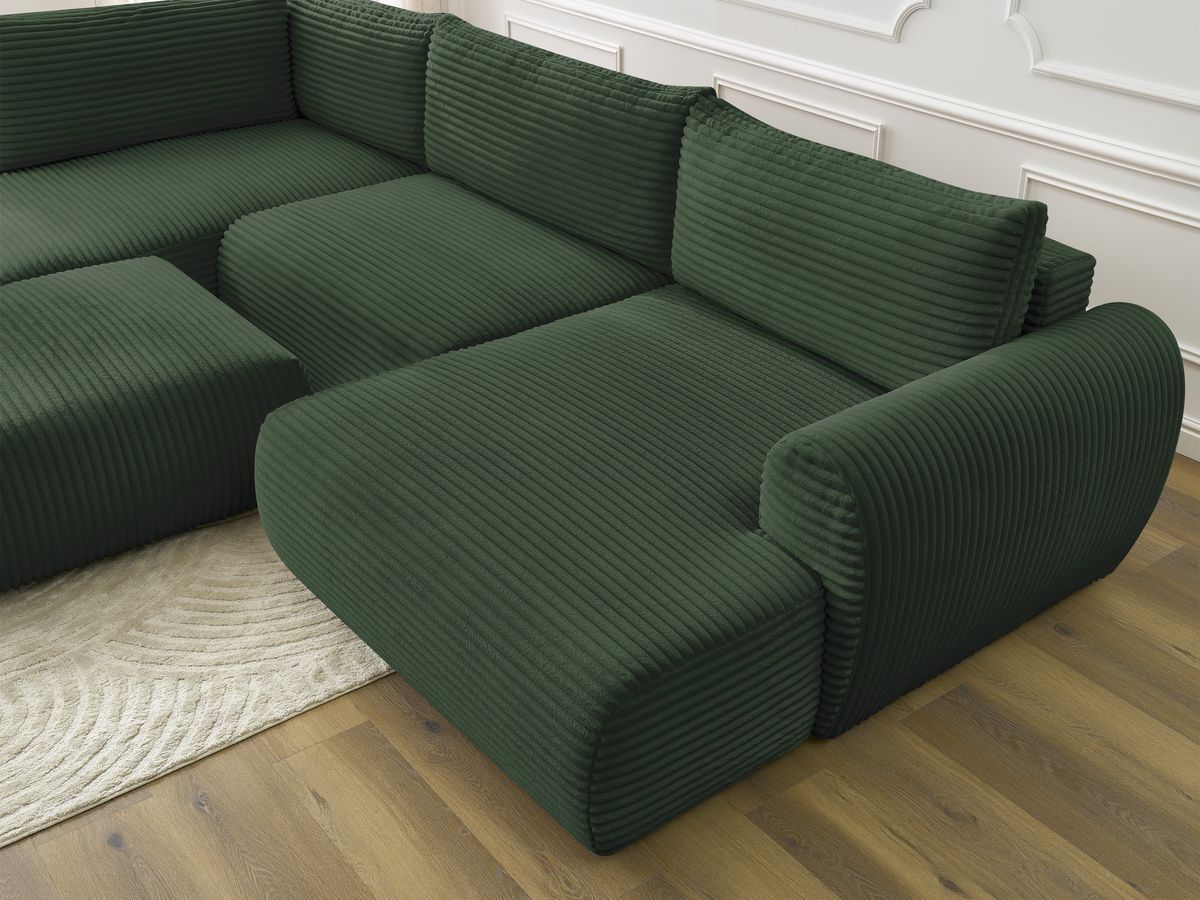 Canapé panoramique convertible coffre LUCIEN gros côtelé doux avec pouf