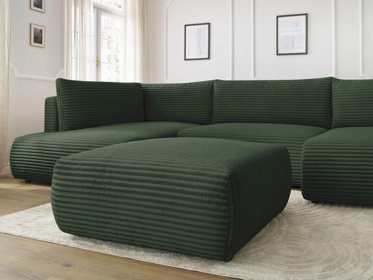 Canapé panoramique convertible coffre LUCIEN gros côtelé doux avec pouf