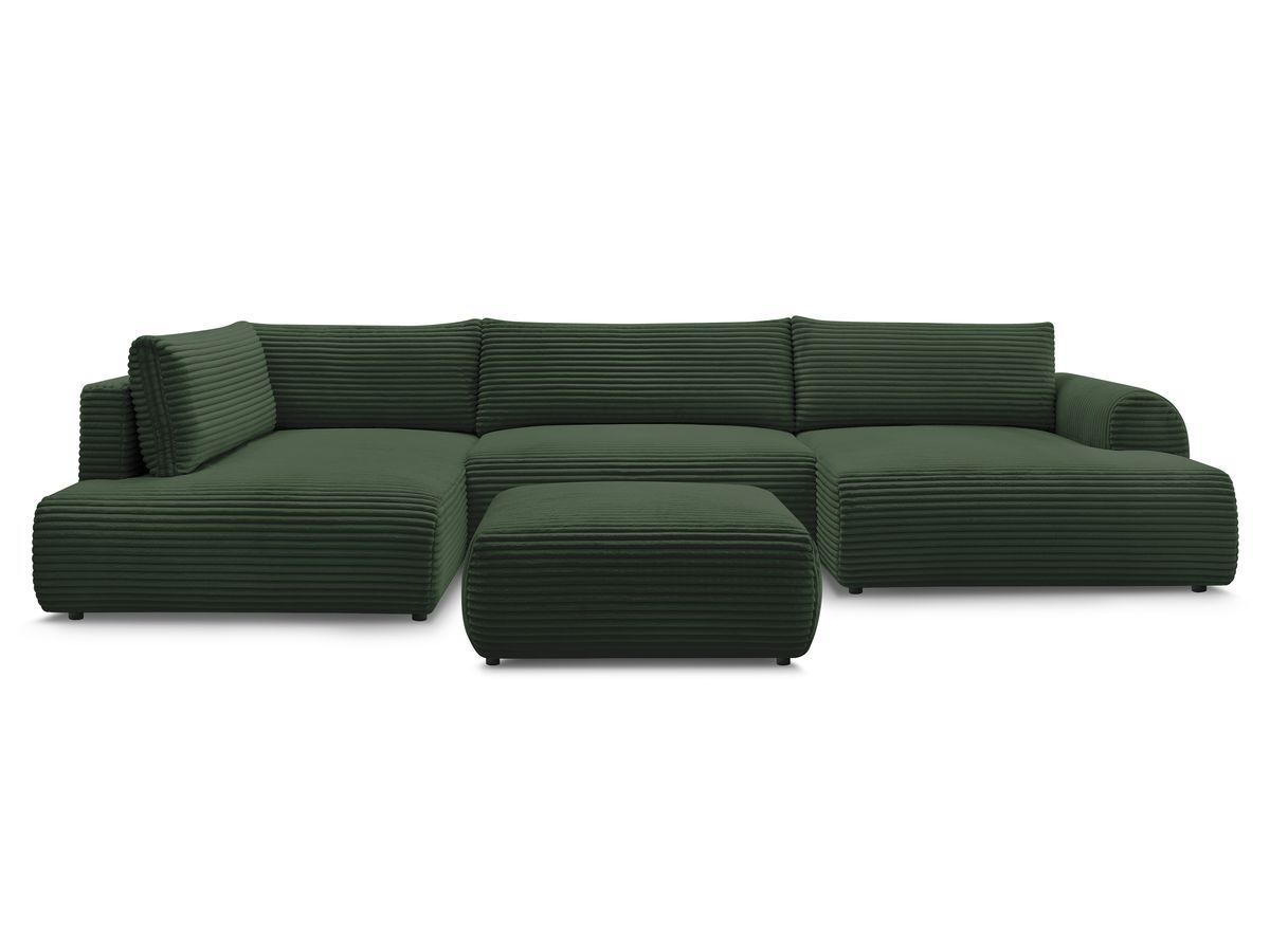 Canapé panoramique convertible coffre LUCIEN gros côtelé doux avec pouf