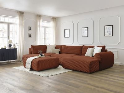 Canapé panoramique convertible coffre LUCIEN gros côtelé doux avec pouf