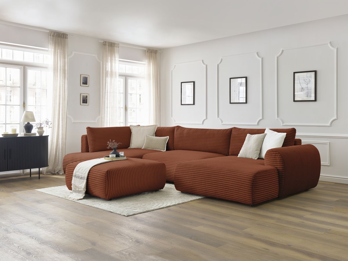Canapé panoramique convertible coffre LUCIEN gros côtelé doux avec pouf
