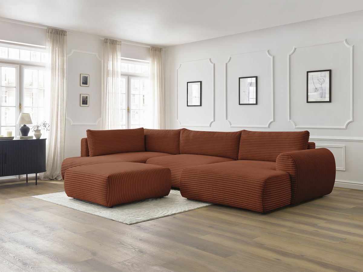Canapé panoramique convertible coffre LUCIEN gros côtelé doux avec pouf