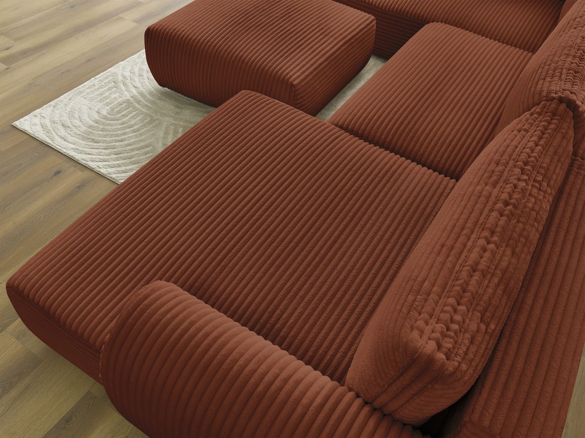 Canapé panoramique convertible coffre LUCIEN gros côtelé doux avec pouf