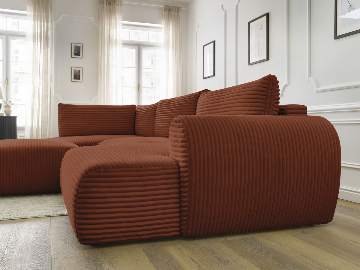 Canapé panoramique convertible coffre LUCIEN gros côtelé doux avec pouf