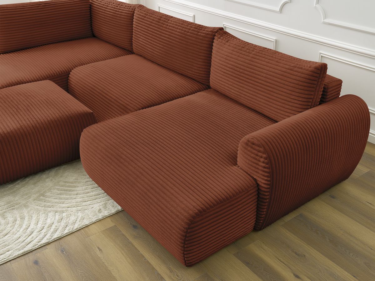 Canapé panoramique convertible coffre LUCIEN gros côtelé doux avec pouf