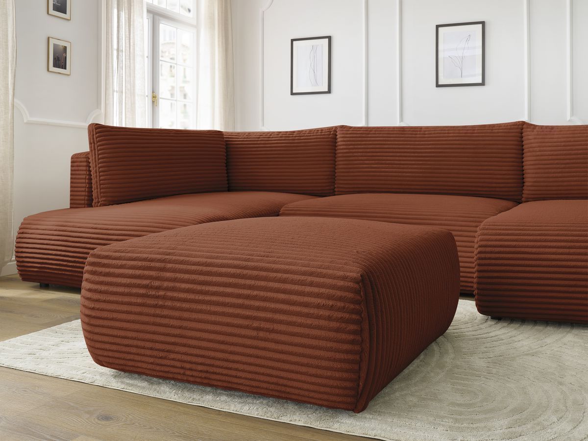 Canapé panoramique convertible coffre LUCIEN gros côtelé doux avec pouf