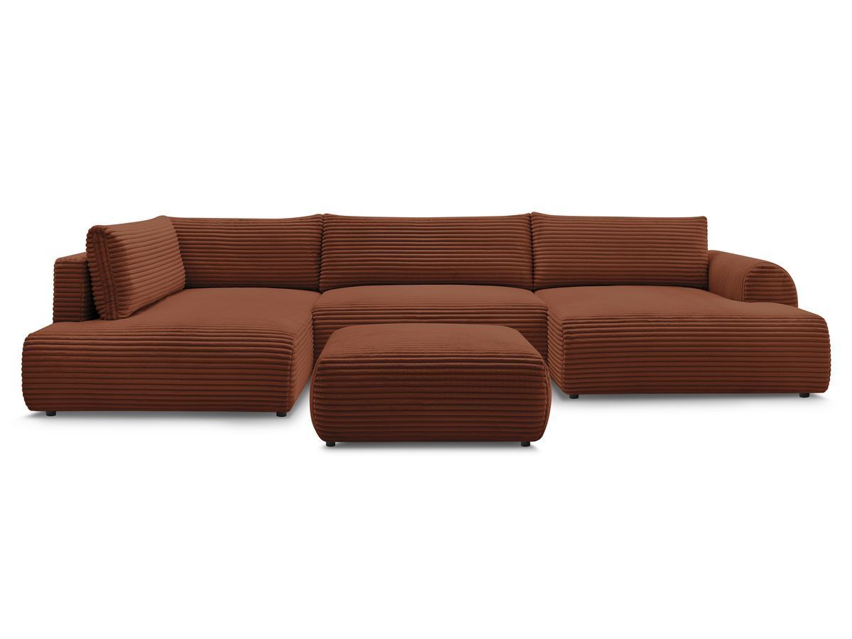 Canapé panoramique convertible coffre LUCIEN gros côtelé doux avec pouf