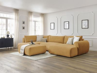 Canapé panoramique convertible coffre LUCIEN gros côtelé doux avec pouf