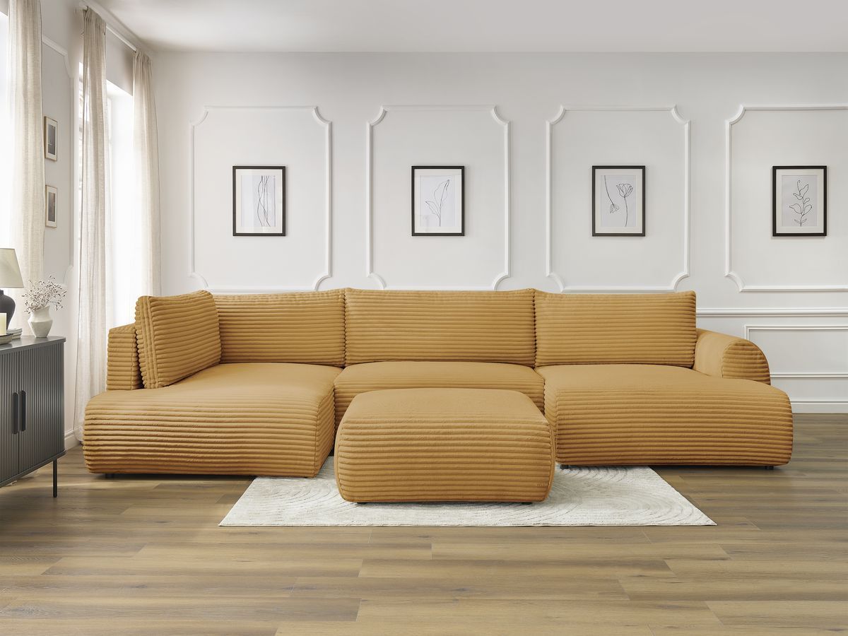 Canapé panoramique convertible coffre LUCIEN gros côtelé doux avec pouf jaune — vue 5