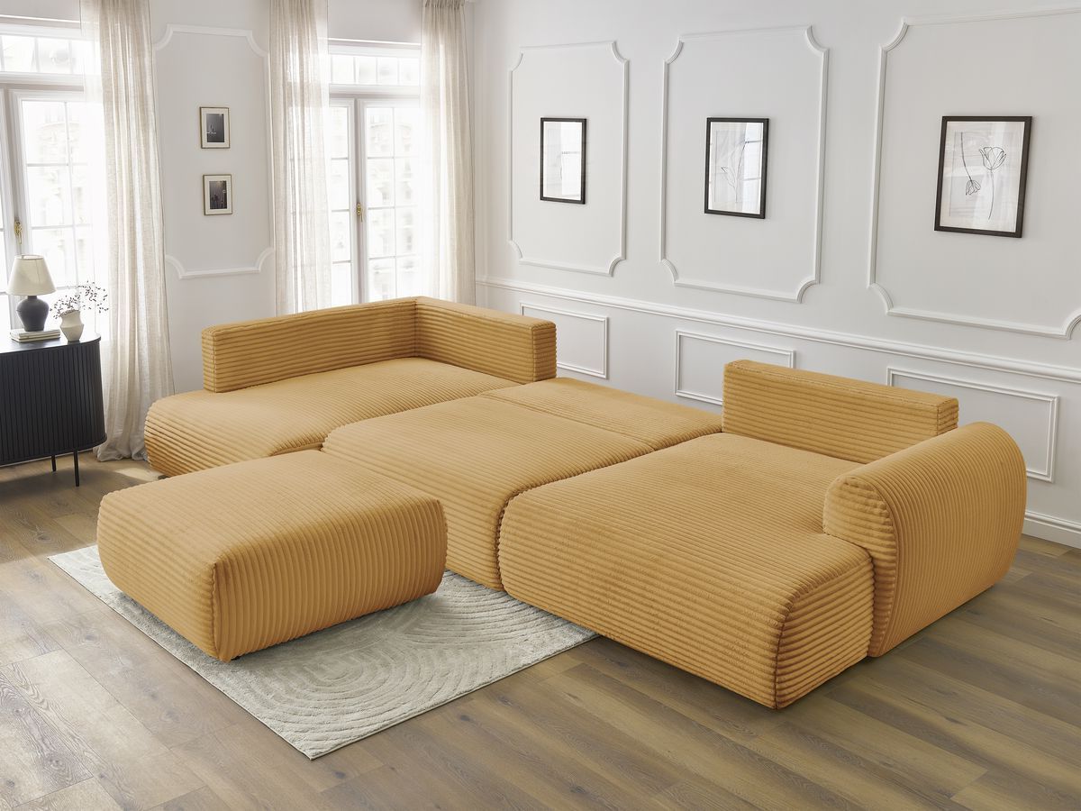 Canapé panoramique convertible coffre LUCIEN gros côtelé doux avec pouf