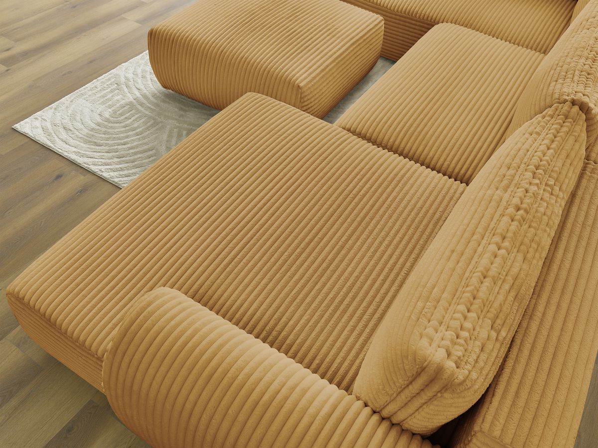 Canapé panoramique convertible coffre LUCIEN gros côtelé doux avec pouf