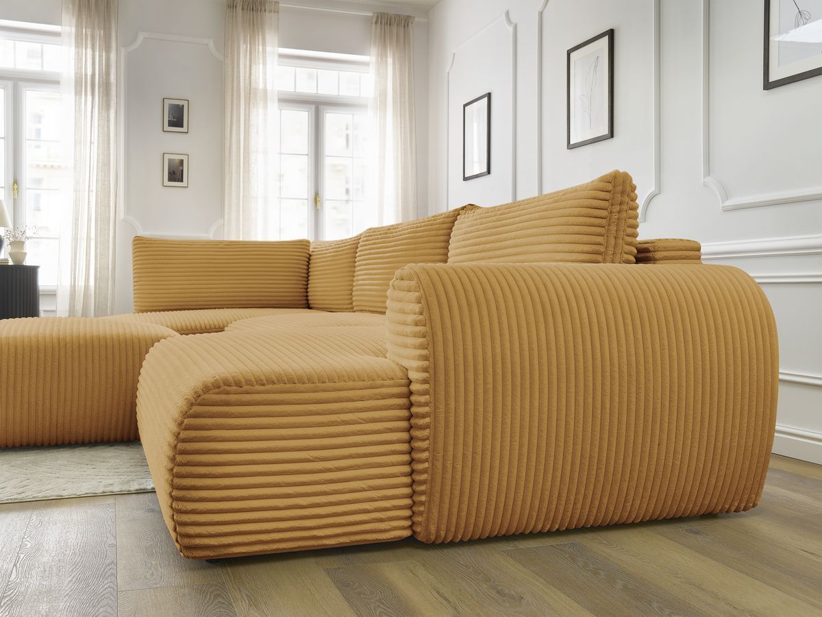 Canapé panoramique convertible coffre LUCIEN gros côtelé doux avec pouf