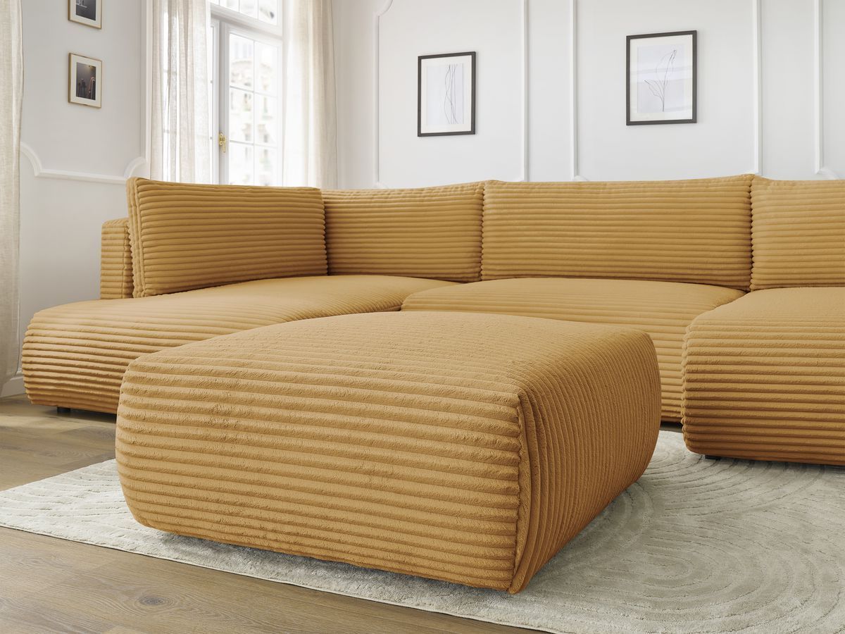 Canapé panoramique convertible coffre LUCIEN gros côtelé doux avec pouf