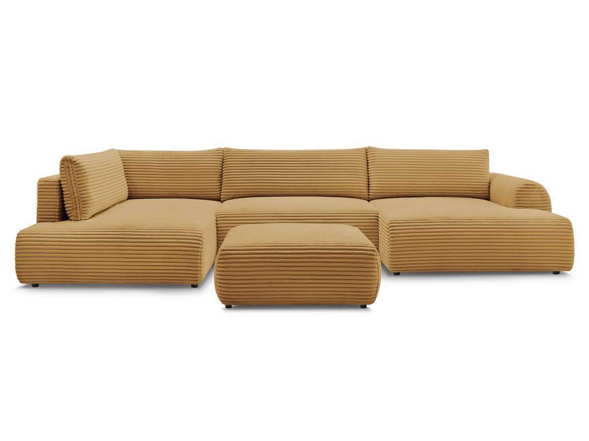 Canapé panoramique convertible coffre LUCIEN gros côtelé doux avec pouf