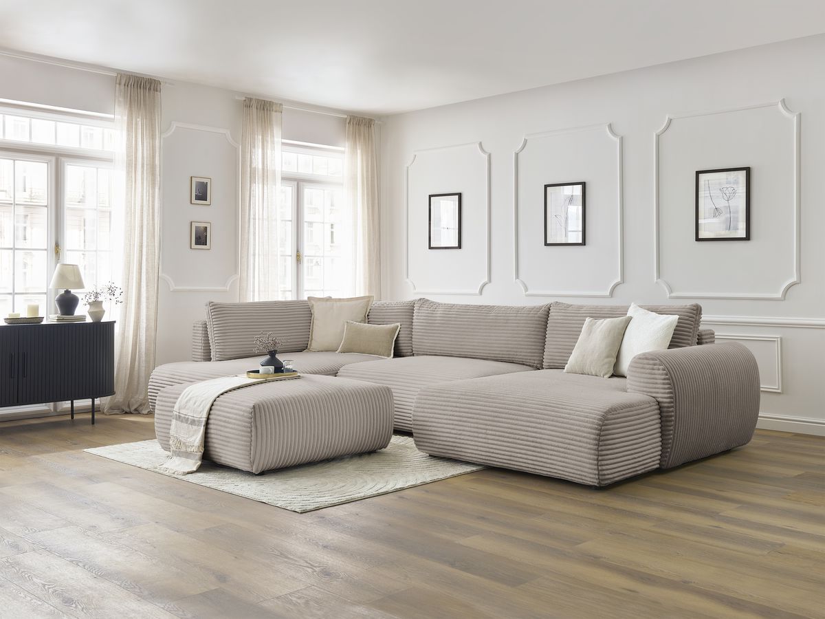 Canapé panoramique convertible coffre LUCIEN gros côtelé doux avec pouf