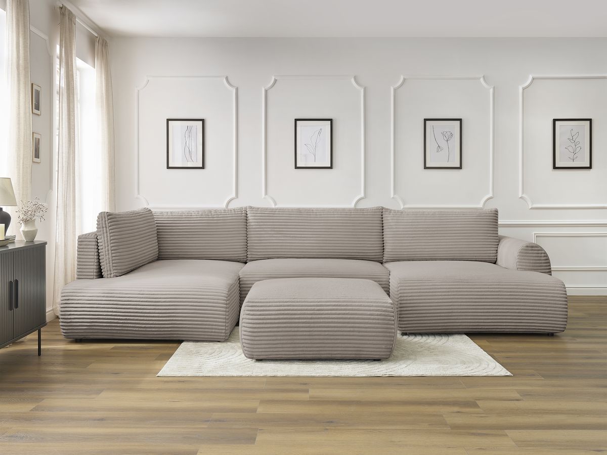 Canapé panoramique convertible coffre LUCIEN gros côtelé doux avec pouf taupe — vue 5