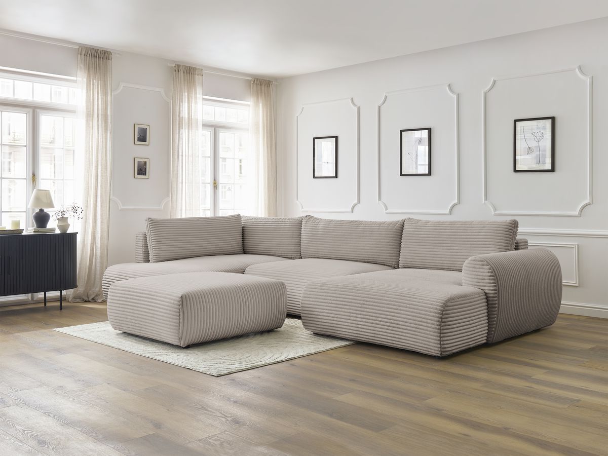 Canapé panoramique convertible coffre LUCIEN gros côtelé doux avec pouf