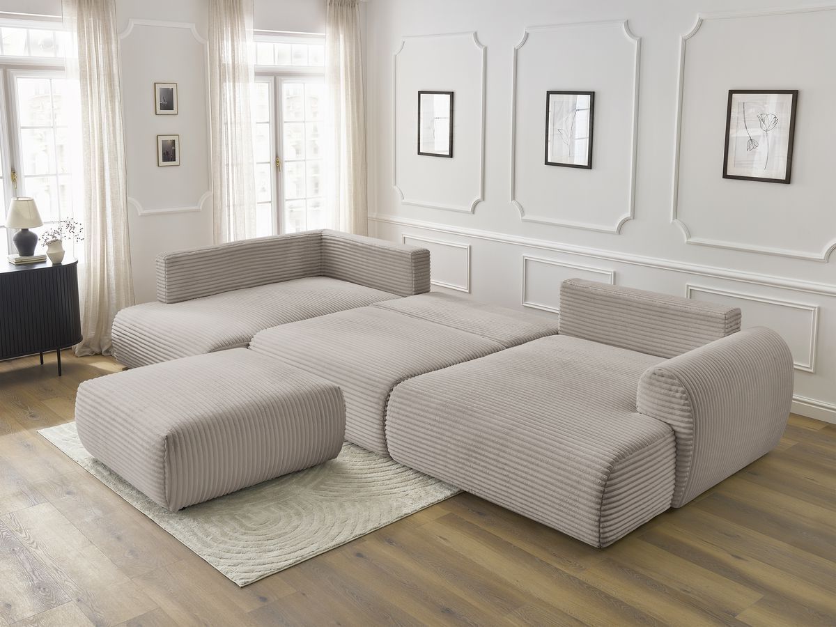 Canapé panoramique convertible coffre LUCIEN gros côtelé doux avec pouf