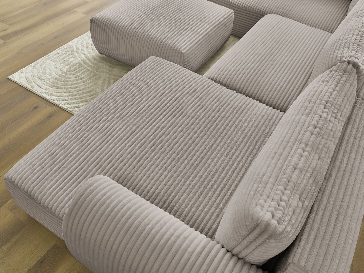 Canapé panoramique convertible coffre LUCIEN gros côtelé doux avec pouf