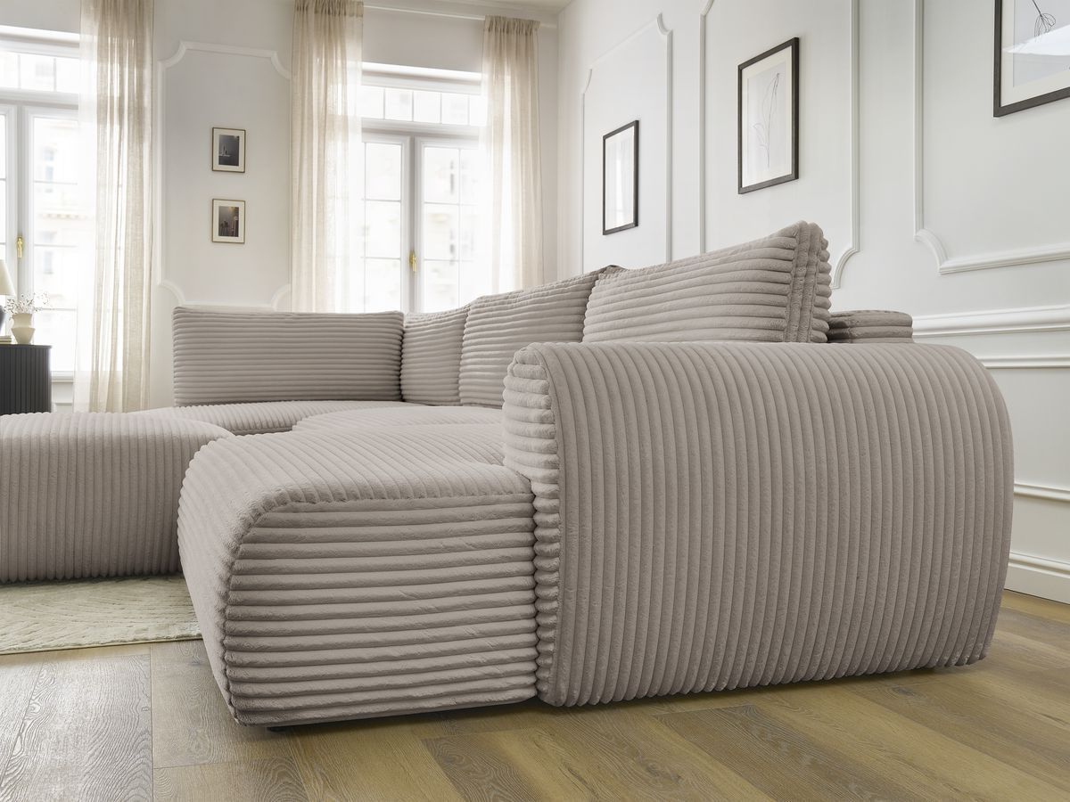 Canapé panoramique convertible coffre LUCIEN gros côtelé doux avec pouf