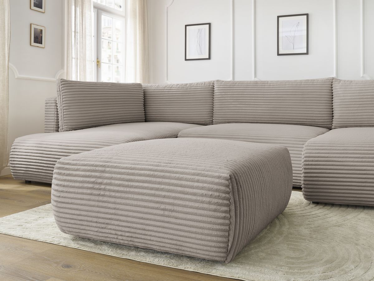 Canapé panoramique convertible coffre LUCIEN gros côtelé doux avec pouf