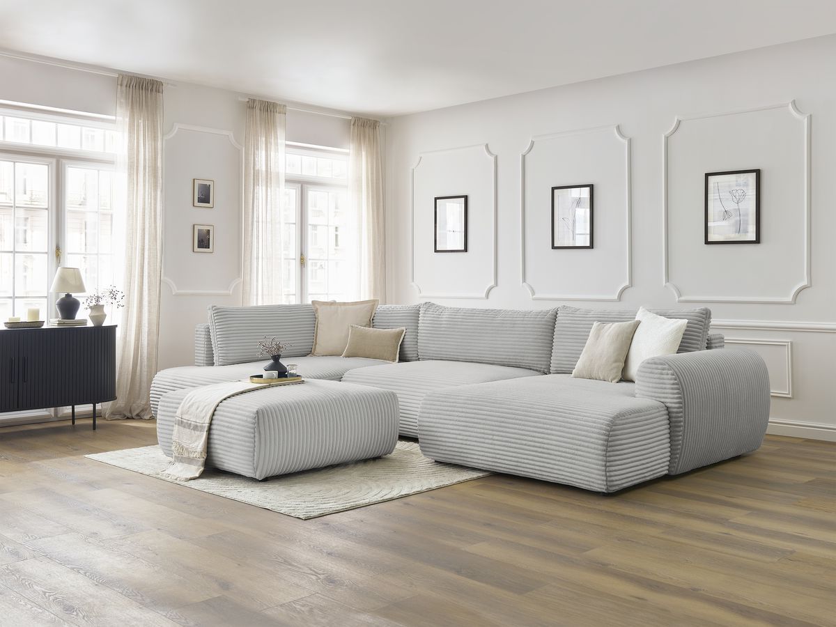 Canapé panoramique convertible coffre LUCIEN gros côtelé doux avec pouf