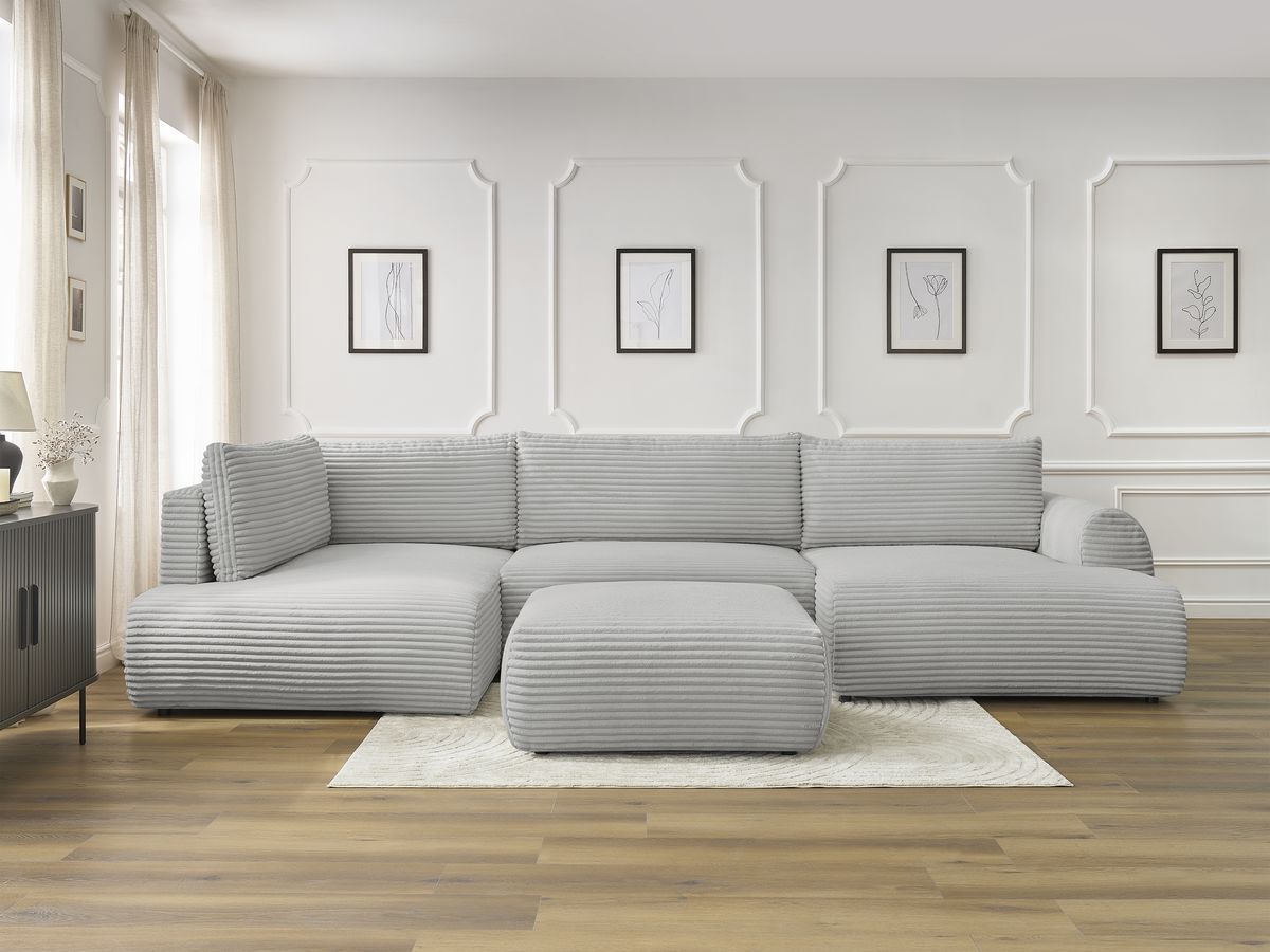 Canapé panoramique convertible coffre LUCIEN gros côtelé doux avec pouf gris clair — vue 5