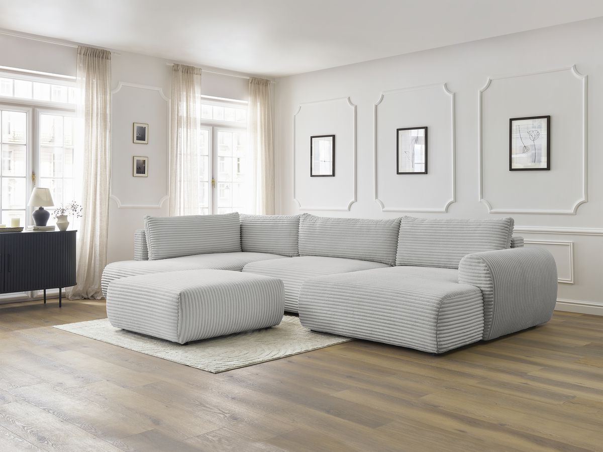Canapé panoramique convertible coffre LUCIEN gros côtelé doux avec pouf
