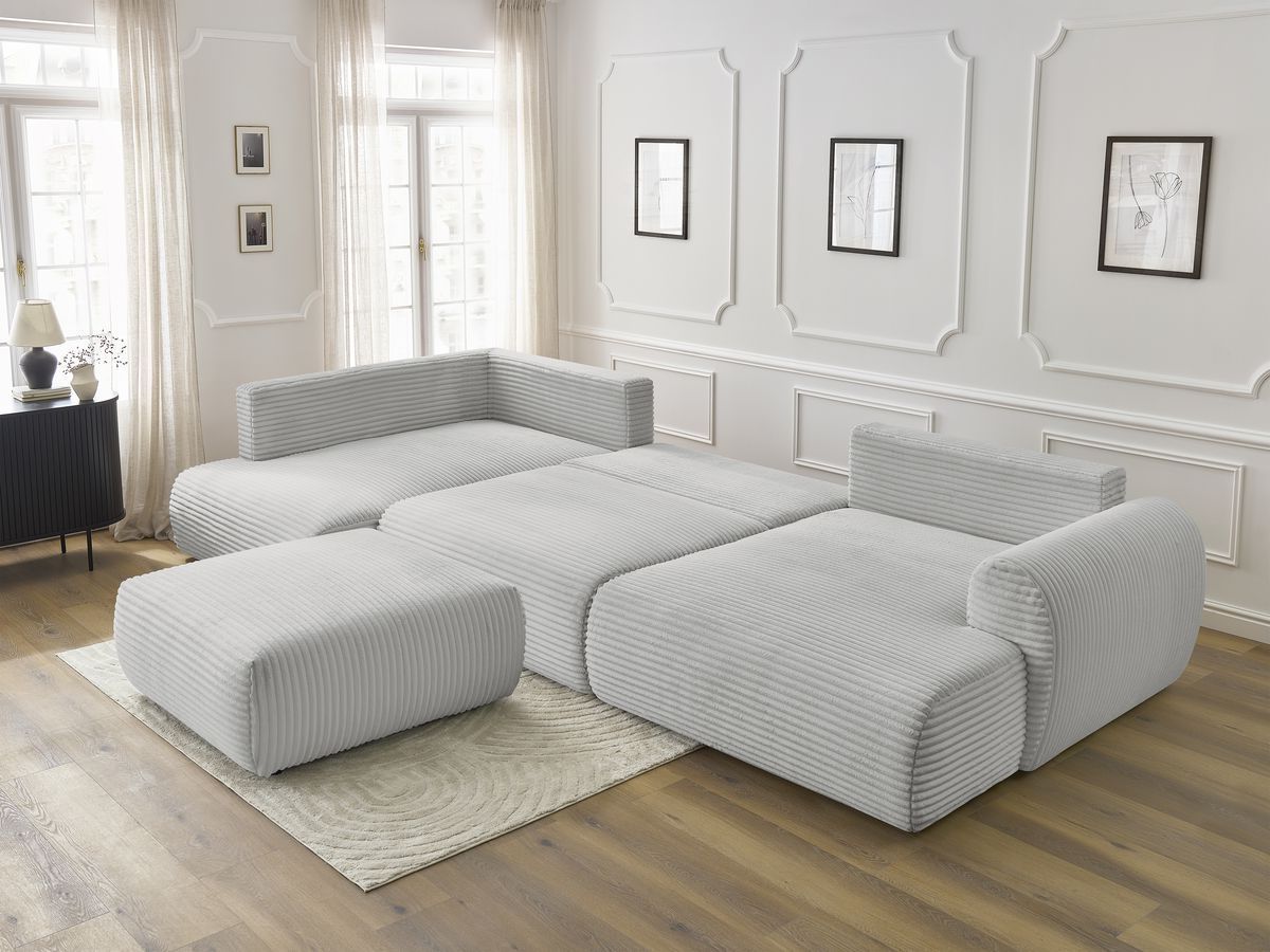 Canapé panoramique convertible coffre LUCIEN gros côtelé doux avec pouf