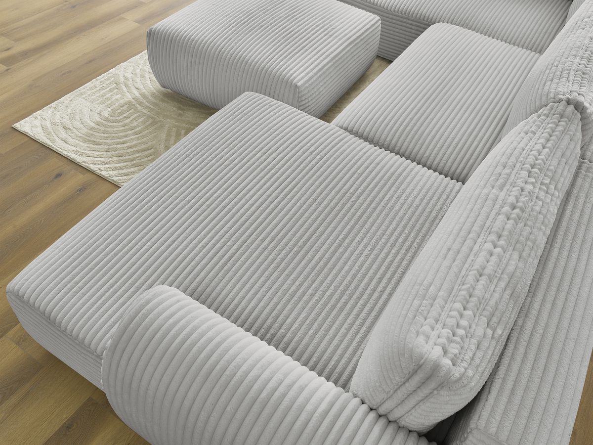 Canapé panoramique convertible coffre LUCIEN gros côtelé doux avec pouf