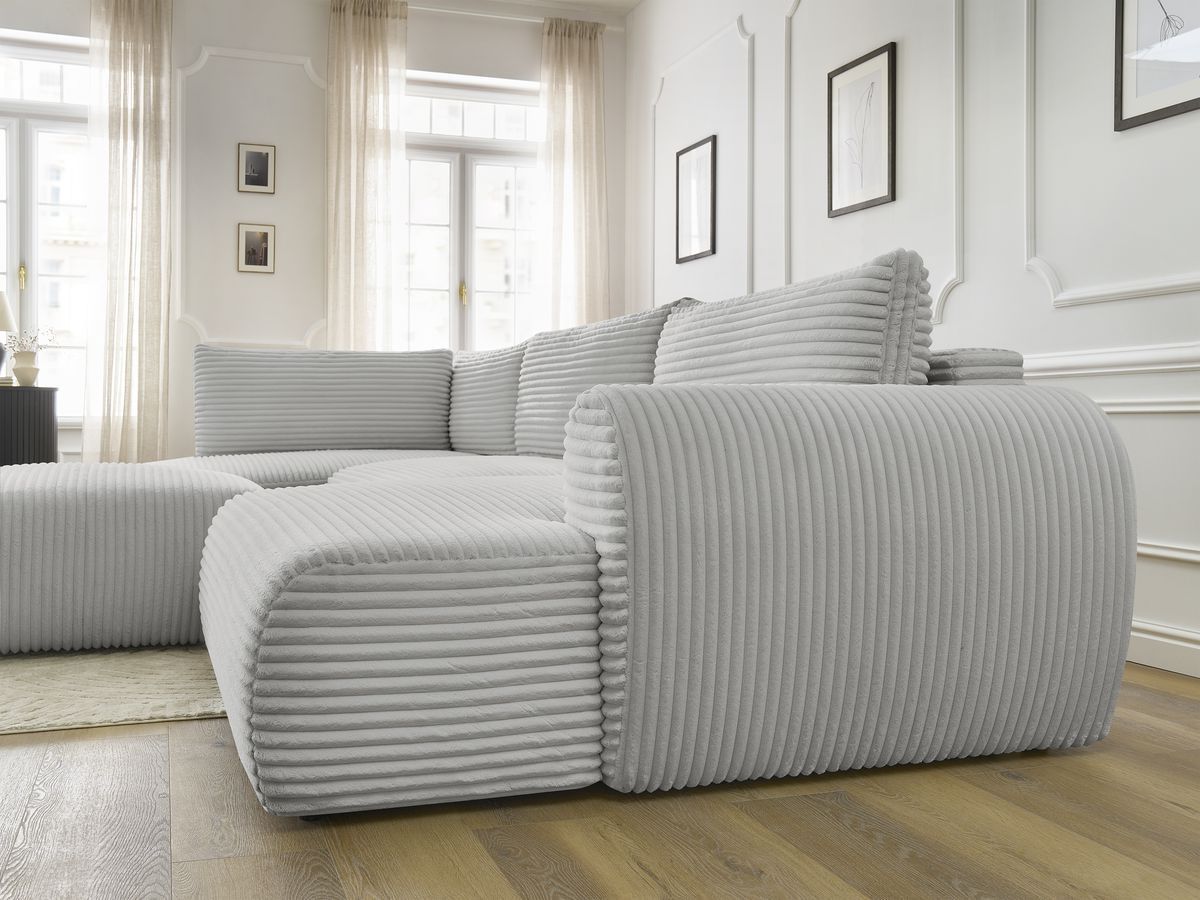 Canapé panoramique convertible coffre LUCIEN gros côtelé doux avec pouf