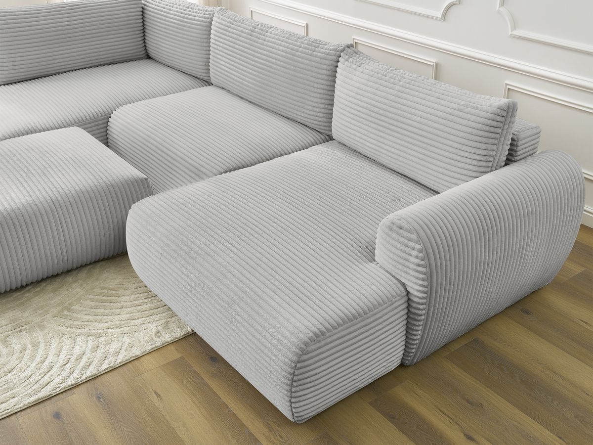 Canapé panoramique convertible coffre LUCIEN gros côtelé doux avec pouf
