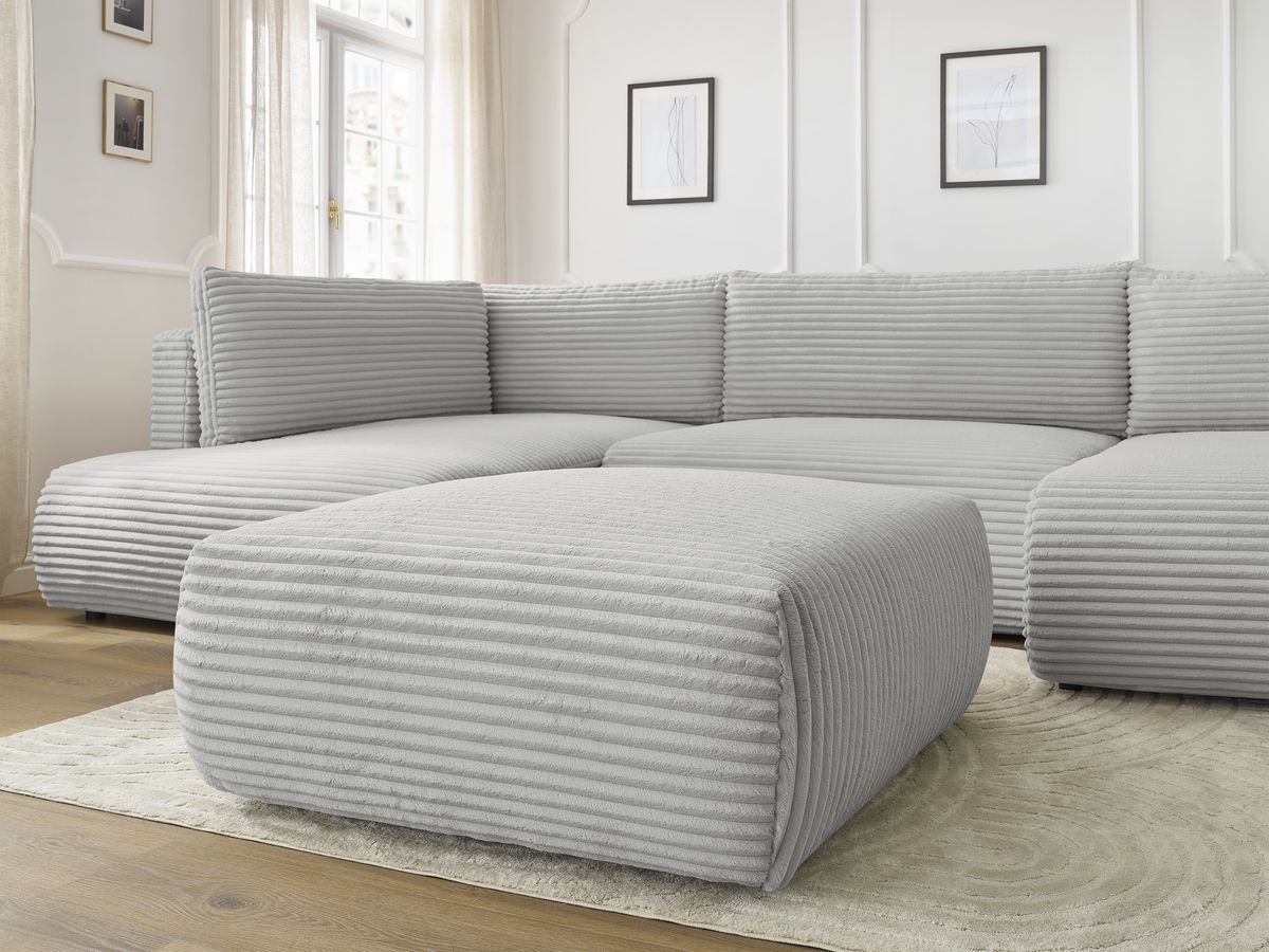 Canapé panoramique convertible coffre LUCIEN gros côtelé doux avec pouf