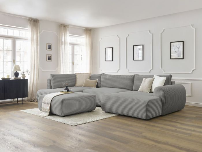 Canapé panoramique convertible coffre LUCIEN gros côtelé doux avec pouf