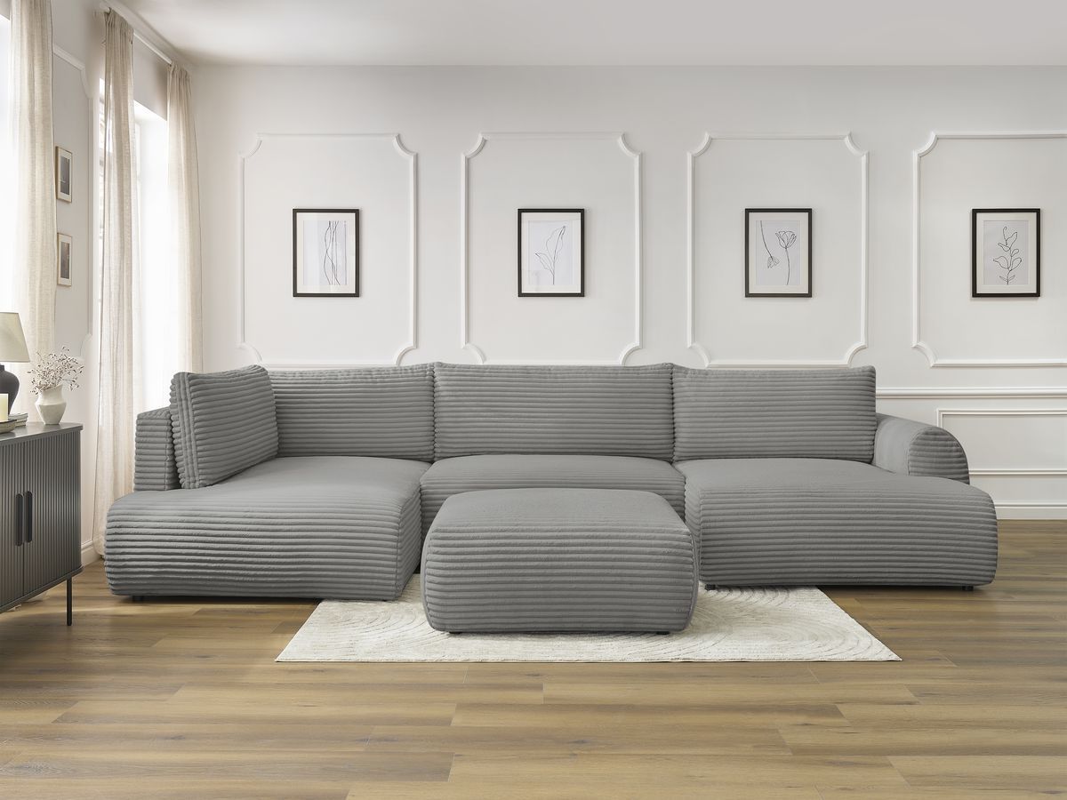 Canapé panoramique convertible coffre LUCIEN gros côtelé doux avec pouf gris foncé — vue 5